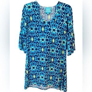 Escapada Sz S Blue Turquoise Geometric Pattern Bell 3/4 Sleeves Sheath Dress